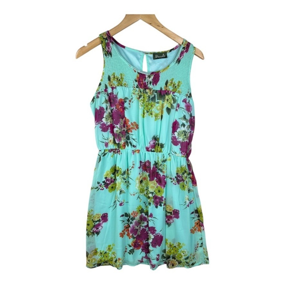 Maude Dress Womens‎ Medium Teal Floral Sleeveless Pintuck Bodice